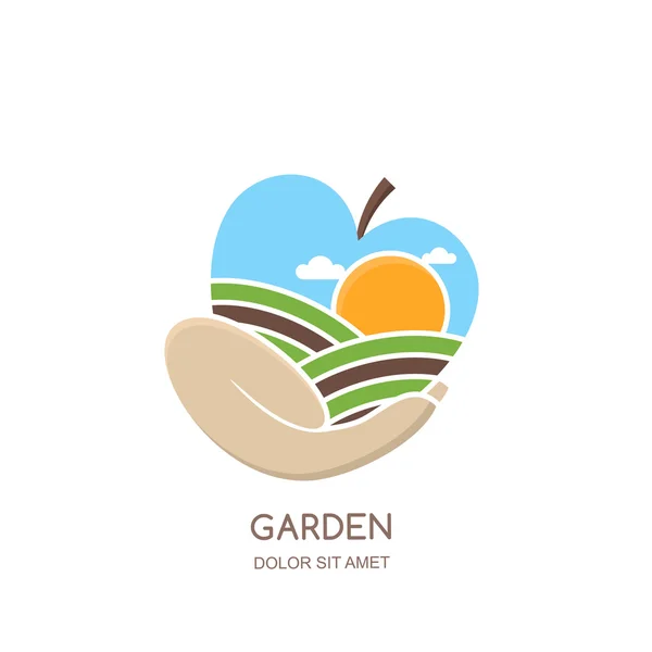 Fruit gardens and farming vector logo, label, emblem design. Fields landscape in apple shape. Hand holding apple. Concept for agriculture, harvesting, gardens, natural farm, organic products. — стоковый вектор