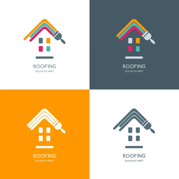 House repair, roofing vector logo, label, emblem design. Staining roof of house, isolated icon. Concept for building, house construction and painting. — Stockový vektor