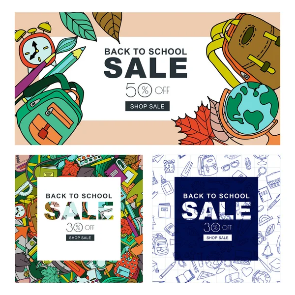 Set of back to school sale banners with backpack, pencil, brush, autumn leaves. Vector banners and flyers. Color doodle education and school supplies. Hand drawn creative design . — Vetor de Stock