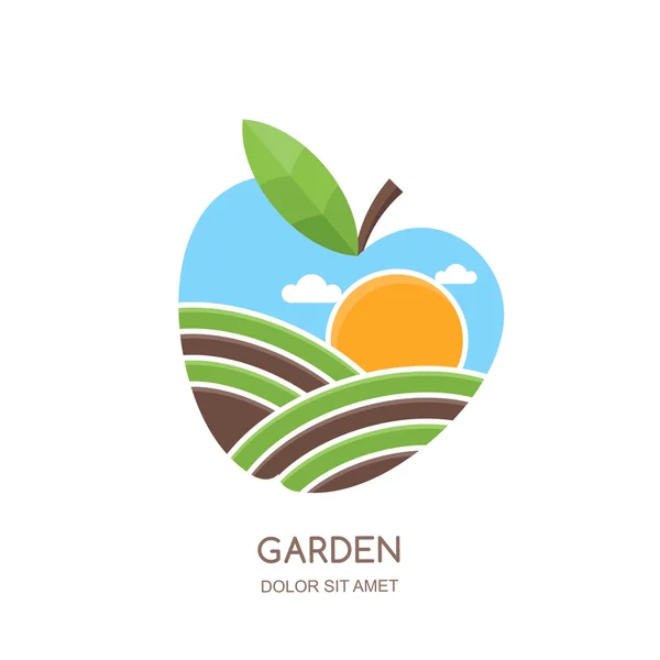 Fruit gardens and farming vector logo, label, emblem design. Fields landscape in apple shape. Concept for agriculture, harvesting, gardens, natural farm, organic products. —  Vetores de Stock