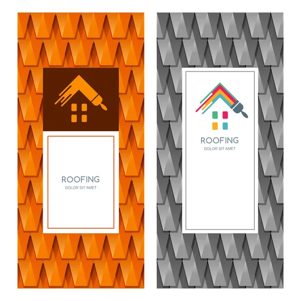 House repair and roofing vector logo, label, emblem design elements. Red and grey roof tile texture. Concept for building, house construction, staining and painting. Banner backgrounds. — Stockový vektor