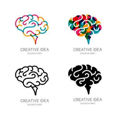 Vector brain logo, sign, or emblem design elements. Outline color human brain, isolated icon. Concept for business solutions, high technology, development and innovation, creativity.