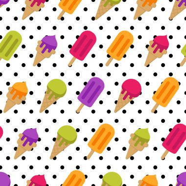 Vector seamless summer pattern with multicolor ice cream. Cones ice cream and ice lolly and polka dot background. Design for fabric, fashion textile print, wrapping paper.