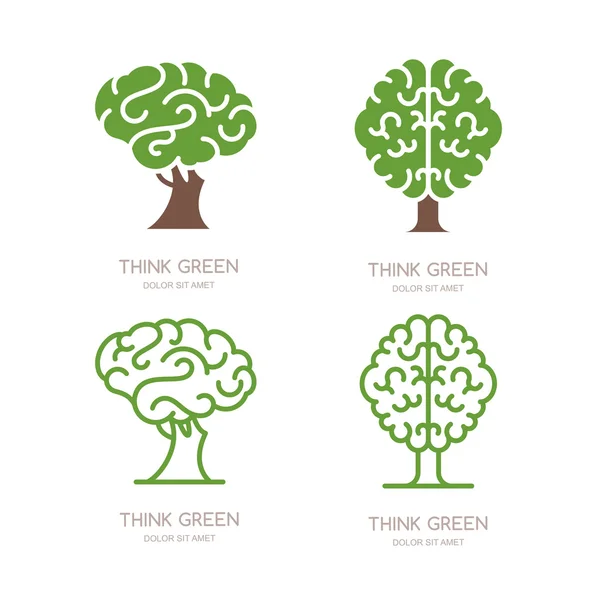 Set of vector logo, icon, emblem design with brain tree. Think green, eco, save earth and environmental concept. Flat outline brain tree isolated illustration. — Archivo Imágenes Vectoriales