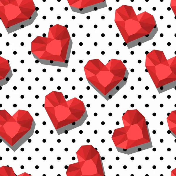 Vector seamless pattern with diamonds, gems, jewels in heart shape. Design for fabric, fashion textile print, wrapping paper. Trendy background with red hearts and polka dot texture. — Stock vektor