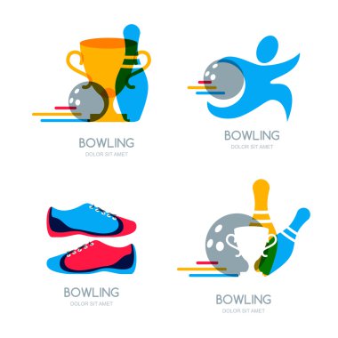 Set of vector colorful bowling logo, icons and symbol. Bowling ball, bowling pins and shoes illustration. Human with bowling ball. Trendy design elements, isolated on white background.