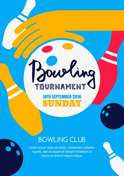 Vector bowling tournament banner, poster or flyer design template. Flat layout background with bowling ball in hand, pins and hand drawn calligraphy lettering. Abstract illustration of bowling game. — Vettoriale Stock