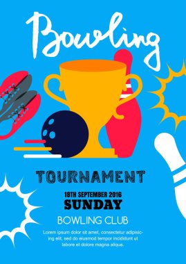 Vector bowling tournament banner, poster, flyer design template. Flat layout background with bowling ball, pins, prize cup and hand drawn calligraphy lettering. Abstract illustration of bowling game.
