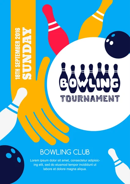 Vector bowling tournament banner, poster or flyer design template. Flat layout background with bowling ball in hand, pins and hand drawn lettering. Abstract illustration of bowling game. — стоковый вектор
