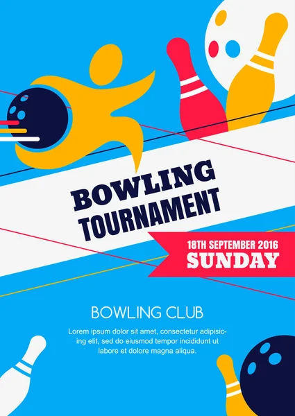 Vector bowling tournament banner, poster or flyer design template. Flat layout background with human silhouette, bowling ball and pins. Abstract illustration of bowling game. — Vettoriale Stock