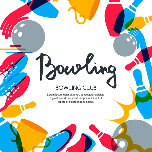 Vector bowling square banner, poster or flyer design template. Frame background with bowling ball, pins, shoes and hand drawn calligraphy lettering. Abstract illustration of bowling game. — Vector de stock