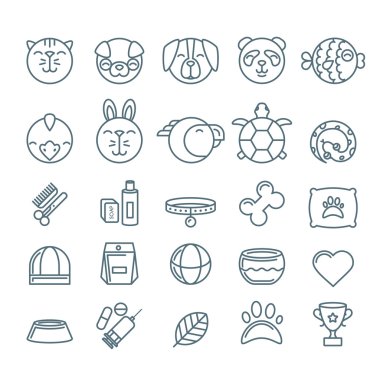 Vector outline pet shop, zoo or veterinary icons set. Linear illustration of cat, dog, bird, snake, fish, rabbit, turtle. Goods for animals, Design concept for pets care and grooming.