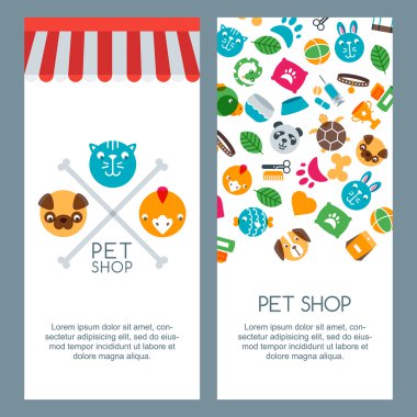 Pet shop, zoo or veterinary banner, poster or flyer template. Vector flat pets icons, label and logo design elements. Goods for animals. Concept for pets care and grooming. Shop background.
