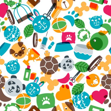 Vector seamless pattern with flat pets icons. Goods for animals. Design for pet shop, pets care, grooming or veterinary. Multicolor trendy background for textile print, wrapping paper.
