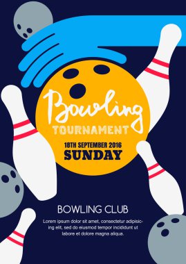 Vector bowling tournament banner, poster or flyer design template. Flat layout background with bowling ball in hand, pins and hand drawn calligraphy lettering. Abstract illustration.