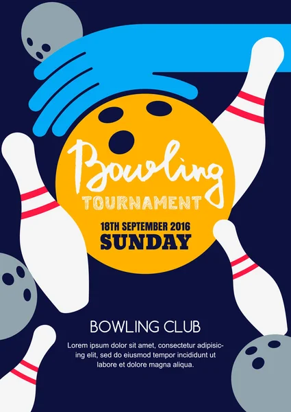 Vector bowling tournament banner, poster or flyer design template. Flat layout background with bowling ball in hand, pins and hand drawn calligraphy lettering. Abstract illustration. — стоковый вектор