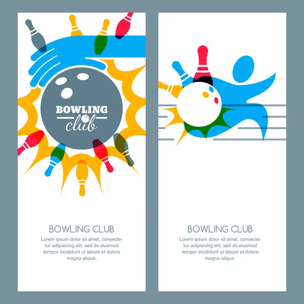 Set of bowling banner backgrounds, poster, flyer or label design elements. Abstract vector illustration of bowling game. Multicolor human silhouette, bowling ball and bowling pins. — Vector de stock