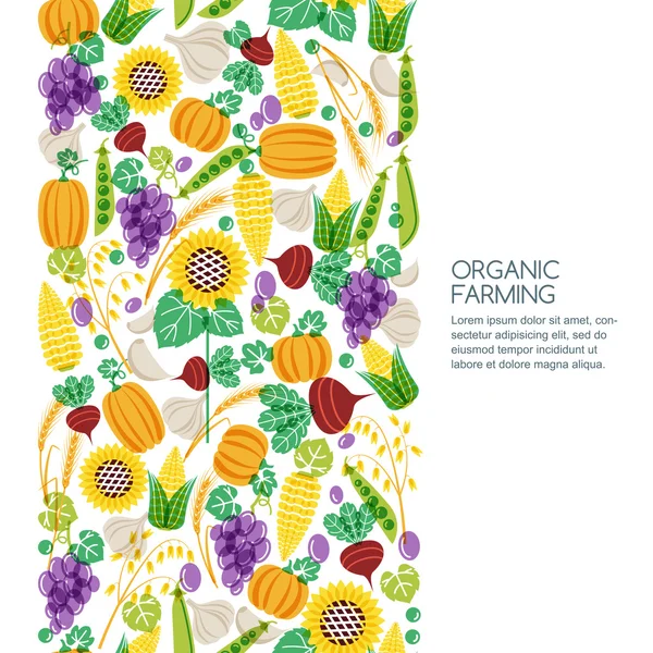 Vector seamless background with hand drawn vegetables and cereal grains icons. Autumn harvest illustration. Design elements for agriculture, harvesting, gardens, farm and farming organic products. — Stockvektor