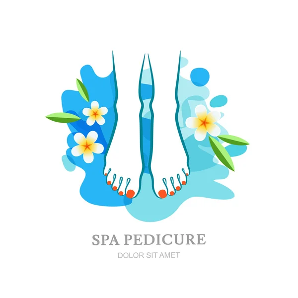 Female feet and flowers on water splash background. Vector logo, label, emblem design elements. Concept for beauty salon, spa pedicure, foot cosmetic, organic care. Isolated illustration. — стоковый вектор