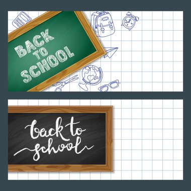 Geri okul kağıt afiş okul malzemeleri, kara tahta ve hat yazı kümesi.