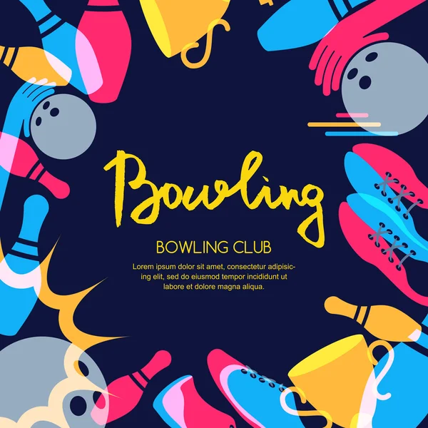 Vector bowling banner quadrato, poster o modello di disegno di flyer. Sfondo di telaio con palla da bowling, perni, scarpe e mano disegnato lettering di calligrafia. — Vettoriale Stock
