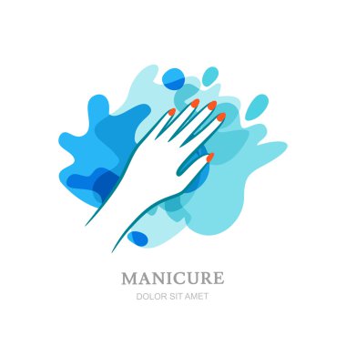 Su sıçrama arka plan üzerinde el. Vektör logo, etiket, amblem tasarım öğeleri. Güzellik salonları, Manikür, kozmetik, organik bakım ve spa için kavram. İzole kadın el siluet.