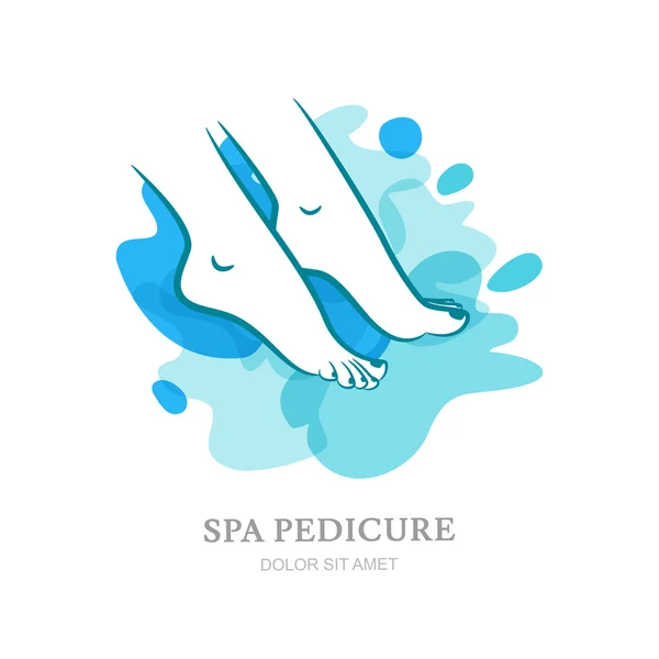 Womens piedi sulla priorità bassa della spruzzata di acqua. Vector logo, etichetta, elementi di design emblema. Concetto di design astratto per salone di bellezza, pedicure spa, cura estetica, biologica. Illustrazione isolata. — Vettoriale Stock