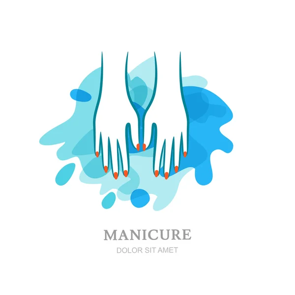 Γυναικεία χέρια σε νερό παφλασμών φόντο. Διάνυσμα λογότυπο, σήμα, έμβλημα σχεδιαστικά στοιχεία. Αντίληψη για το σαλόνι ομορφιάς, μανικιούρ, καλλυντικά, βιολογικά φροντίδα και spa. Γυναικεία χέρια σιλουέτα, απομονωμένο. — Διανυσματικό Αρχείο