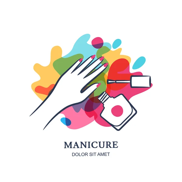 Γυναικείο χέρι στο χρώμα φόντου splash βερνίκι νυχιών. Διάνυσμα λογότυπο, σήμα, έμβλημα σχεδιαστικά στοιχεία. Ιδέα για το σαλόνι ομορφιάς, μανικιούρ, καλλυντικά, γυναικεία χέρι, βερνίκι νυχιών βάζο και βούρτσα. — Διανυσματικό Αρχείο