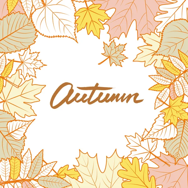 Vector square frame with hand drawn autumn leaves. Yellow fall background. Design concept for banner, invitation card, poster. — Stock Vector