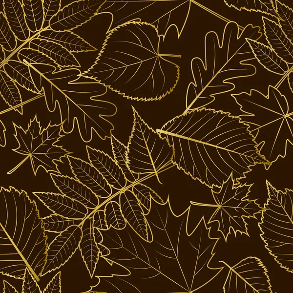 Modèle sans couture de vecteur. Feuilles d’automne de contour doré sur fond noir. Illustration de l’automne. Concept de design de luxe pour la conception de tissu, textile, impression, emballage papier ou web arrière-plans. — Image vectorielle