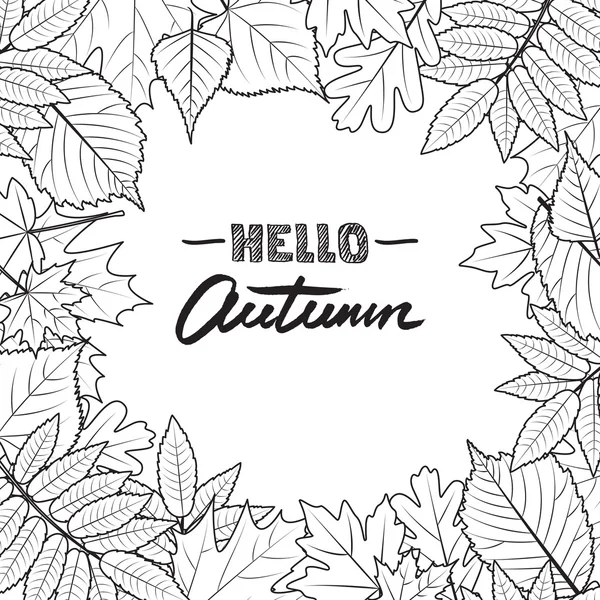 Vector square frame with hand drawn autumn leaves. Black and white fall background. Design concept for banner, invitation card, poster. — Stock Vector