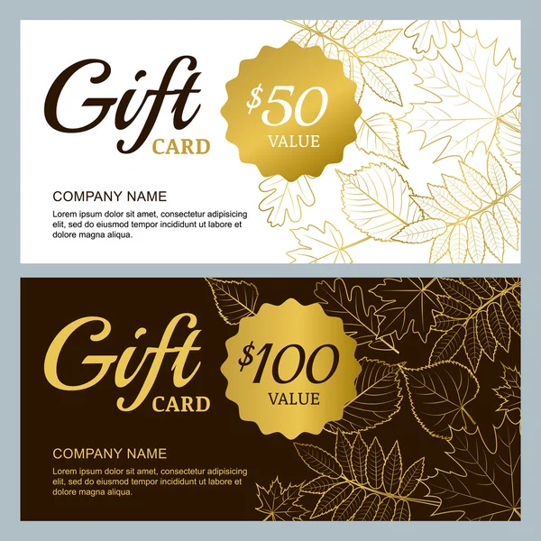 Vector gift voucher template with golden outline fall leaves. Gold, black and white autumn holidays cards. Design concept for gift coupon, invitation, certificate, flyer, banner. - Stok Vektor