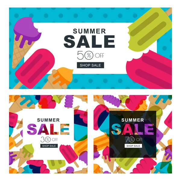 Set of summer sale banners with multicolor ice cream. Vector horizontal and square banners and flyers. — Vettoriale Stock