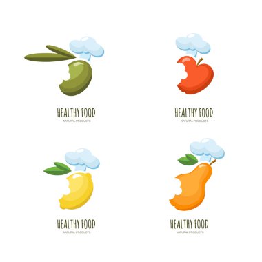 Set of vector healthy food logo, emblem, label design. Olive, apple, lemon, pear in chef hat, isolated on white.