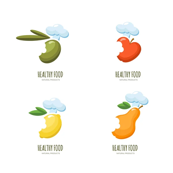 Set of vector healthy food logo, emblem, label design. Olive, apple, lemon, pear in chef hat, isolated on white. — Archivo Imágenes Vectoriales