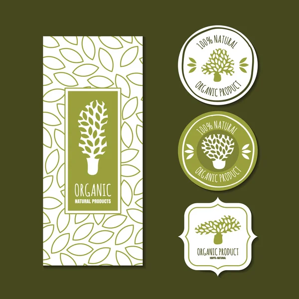 Set of vector organic labels, badges, stickers, packaging design elements and backgrounds. Hand drawn tree logo or emblem and seamless line leaves pattern. — Stockvektor