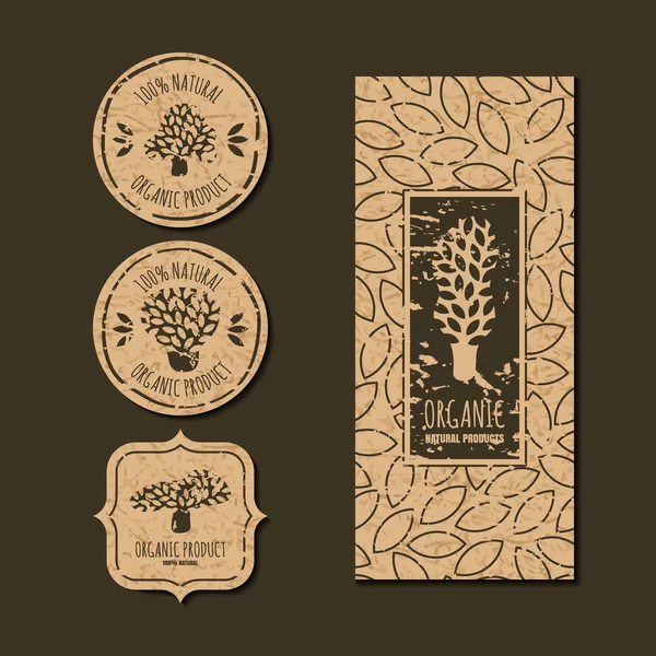 Set of vector organic labels, badges, stickers, packaging design elements and backgrounds with grunge removable texture. Hand drawn tree logo or emblem and seamless line leaves pattern. —  Vetores de Stock