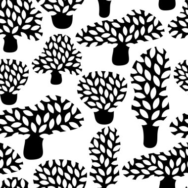 Vector black and white seamless pattern with hand drawn doodle trees.