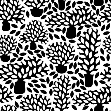 Vector black and white seamless pattern with hand drawn doodle trees.