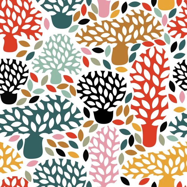 Vector multicolor seamless pattern with hand drawn doodle trees. — Vettoriale Stock