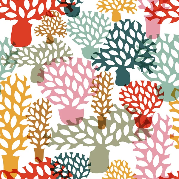 Vector multicolor seamless pattern with hand drawn doodle trees. — Vector de stock