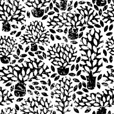 Vector black and white seamless pattern with hand drawn doodle trees and grunge removable texture. Abstract autumn nature background. Design for fabric, textile fall prints, wrapping paper.