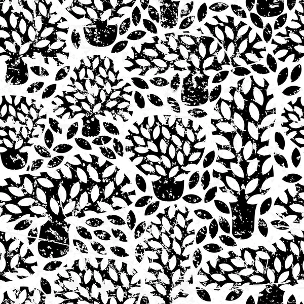 Vector black and white seamless pattern with hand drawn doodle trees and grunge removable texture. Abstract autumn nature background. Design for fabric, textile fall prints, wrapping paper. — Image vectorielle