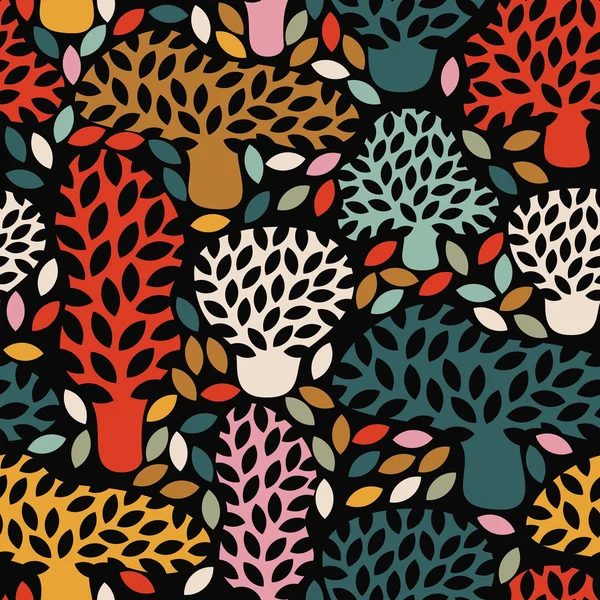 Vector multicolor seamless dark pattern with hand drawn doodle trees. Abstract autumn nature background. Design for fabric, textile fall prints, wrapping paper. — Διανυσματικό Αρχείο