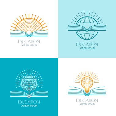 Set of vector education logo, icons, emblems design elements. Open book, sun, globe, tree and and light bulb linear symbol. Online training, courses, learning concept.