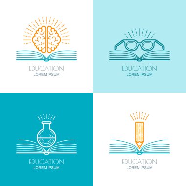 Set of vector education logo, icons, emblems design elements. Open book, human brain, glasses, flask and pencil linear symbol. Online training, courses, learning concept.