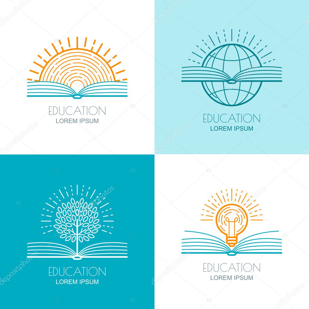 Set of vector education logo, icons, emblems design elements. Open book, sun, globe, tree and and light bulb linear symbol. Online training, courses, learning concept.
