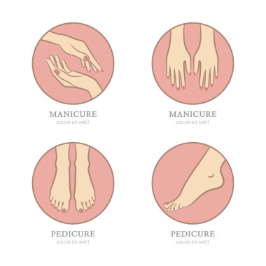 Vector set of manicure and pedicure logo, emblem, label design template. Female hands in circle shape. Womens feet illustration. Concept for beauty salon, manicure and pedicure cosmetics, body care.