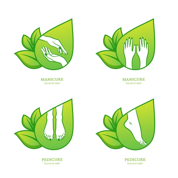 Vector set of womens manicure and pedicure logo, emblem, label design template. Female hands with green leaves. Concept for beauty salon, manicure and pedicure cosmetics, organic body care and spa. — Stock vektor